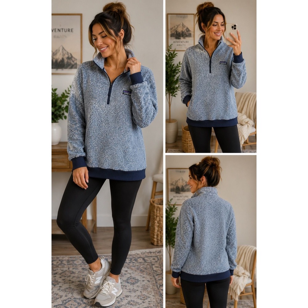 Patagonia Women's XL Gray Blue Textured Fleece 1/4 Zip Pullover Outdoor